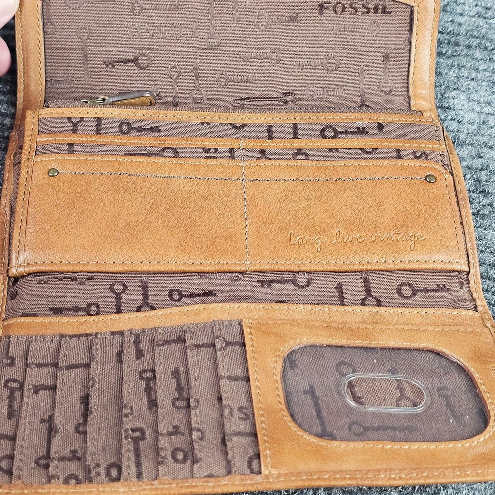 Fossil Wallet Womens One Size Brown Leather Wristlet Lock Key Print Lining - Picture 5 of 11